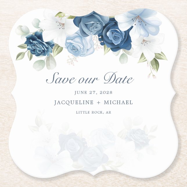 Elegant Watercolor Flowers Save our Date Script Paper Coaster (Front)