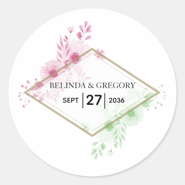 Elegant Watercolor Flowers Wedding  Classic Round Sticker (Front)