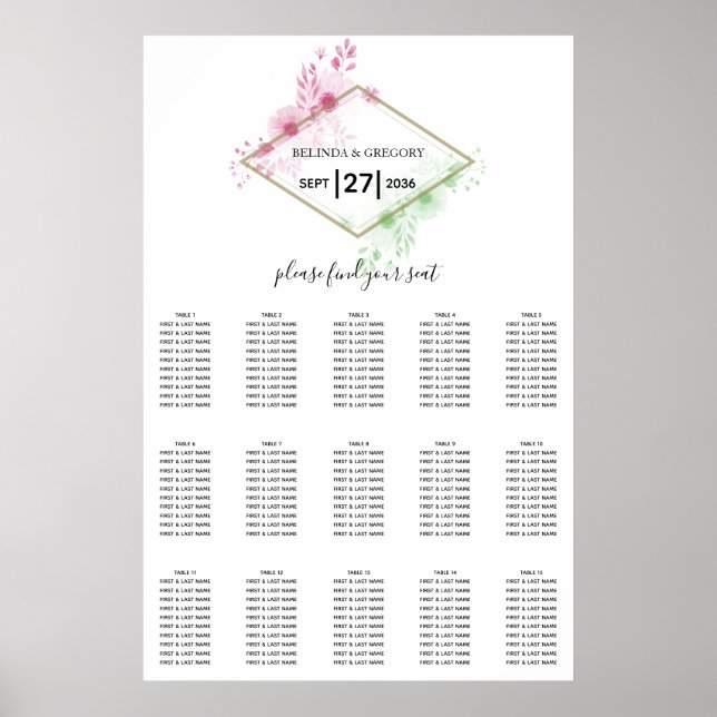 Elegant Watercolor Flowers Wedding Seating Chart (Front)