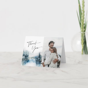 Elegant Watercolor Foggy Forest Wedding Photo Thank You Card