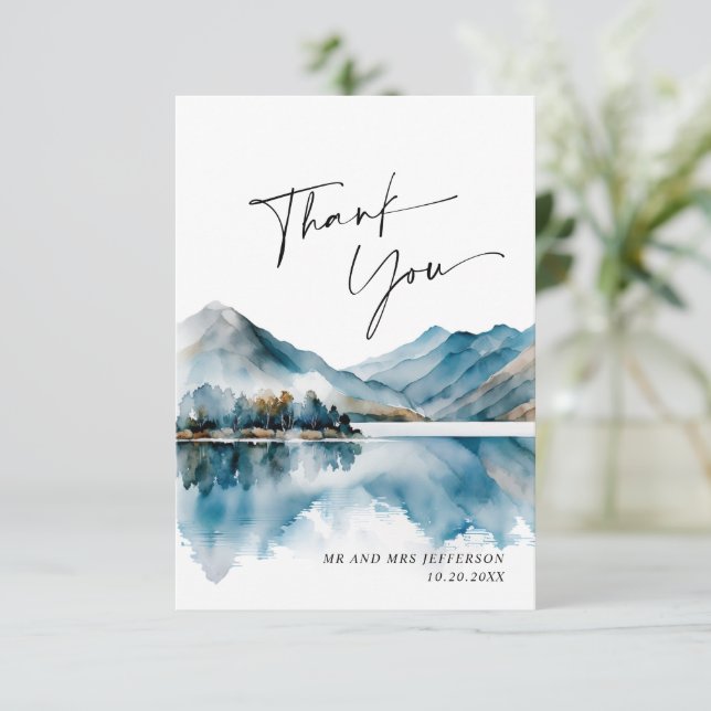 Elegant Watercolor Foggy Forest Wedding Thank You Card (Standing Front)