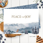 Elegant Watercolor Forest and Fox, Peace and Joy Holiday Card<br><div class="desc">Personalize this gorgeous holiday card with exquisite blue watercolor forest scene with fox playing in the snow, featuring the phrase "Peace and Joy" in a mixture of hand written calligraphy and block typography. Area on the bottom for your own message and name(s). Back in attractive elegant swirl paisley pattern in...</div>