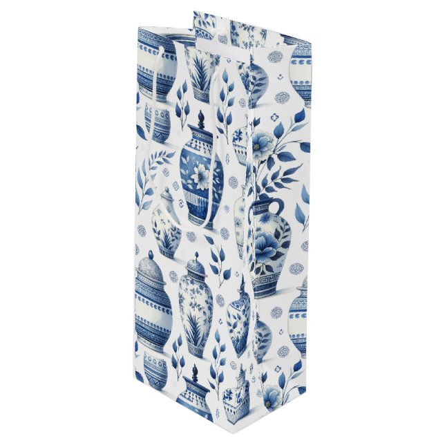 Elegant Watercolor Ginger Jars Pattern Wine Gift Bag (Front Angled)
