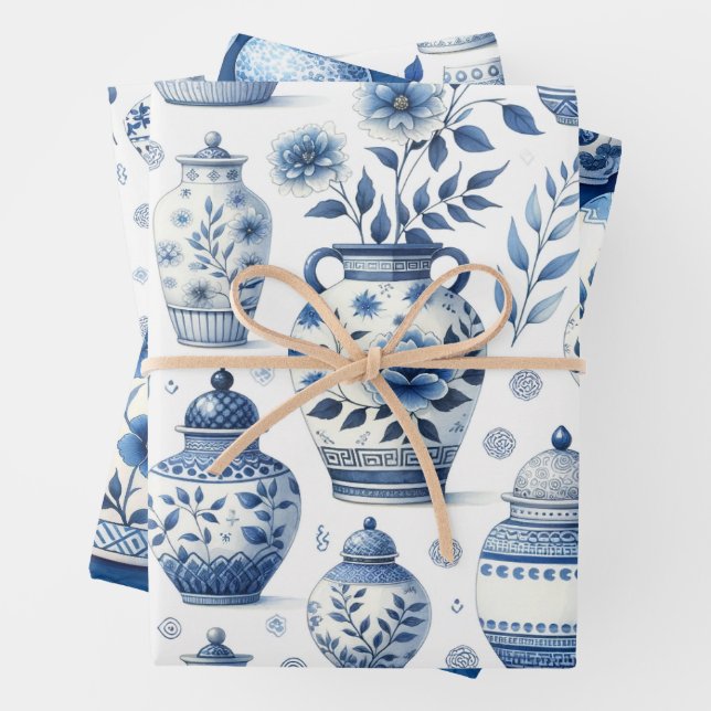 Elegant Watercolor Ginger Jars Pattern Wrapping Paper Sheet (In situ)
