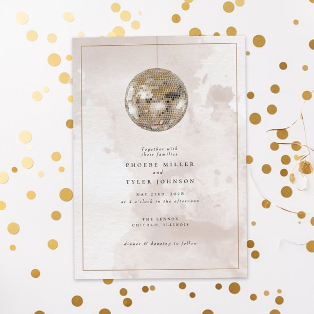 Elegant Watercolor Gold Disco Ball Wedding Invitation (Creator Uploaded)