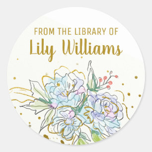 Elegant Watercolor Gold Floral Library Bookplate Classic Round Sticker