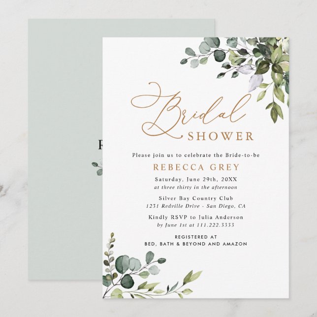 Elegant Watercolor Gold Greenery Bridal Shower Invitation (Front/Back)