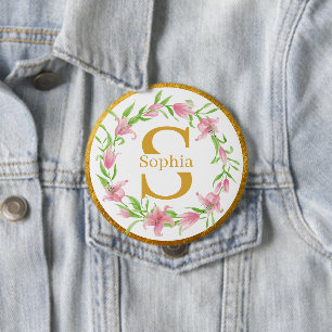 Elegant Watercolor Gold Pink Floral Lily Monogram 4 Inch Round Button
