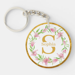 Elegant Watercolor Gold Pink Floral Lily Monogram Keychain