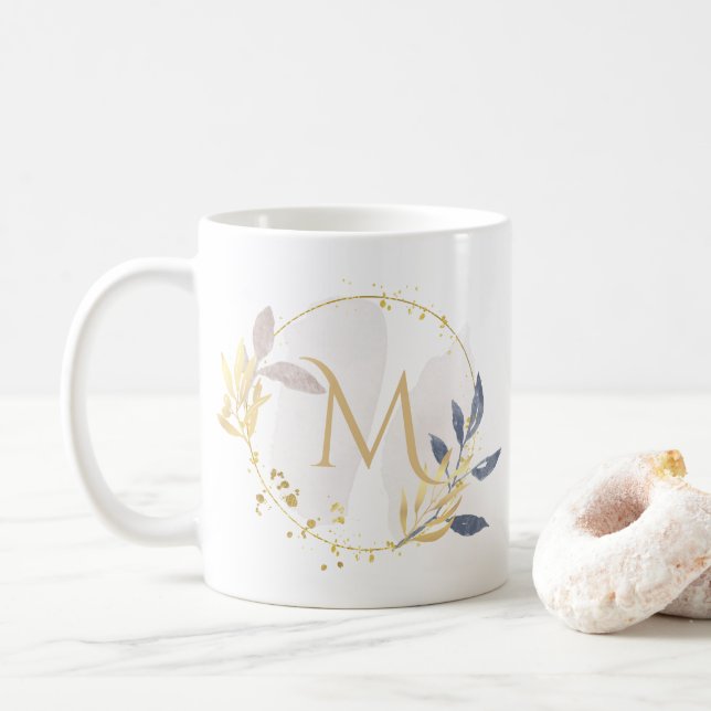 Elegant Watercolor Gold Wreath Monogram M Coffee Mug (With Donut)