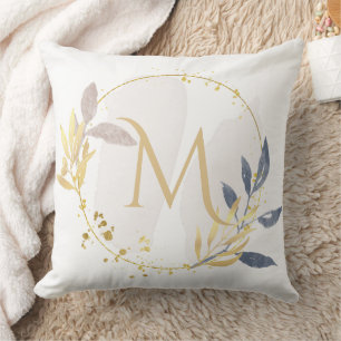 Elegant Watercolor Gold Wreath Monogram M Throw Pillow