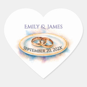 Elegant Watercolor Golden Rose Wedding Rings Heart Sticker