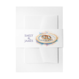 Elegant Watercolor Golden Rose Wedding Rings Invitation Belly Band