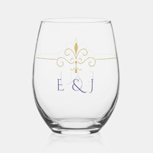 Elegant Watercolor Golden Rose Wedding Rings Stemless Wine Glass