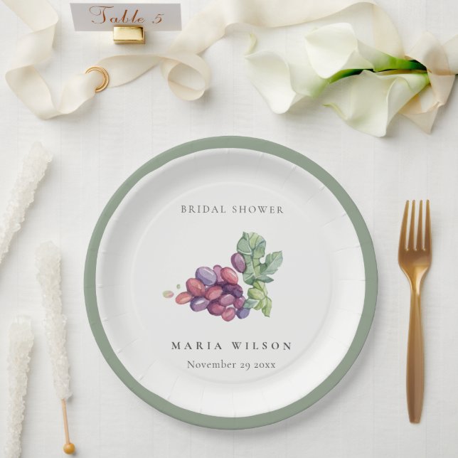 Elegant Watercolor Grape Foliage Bridal Shower Paper Plate (Wedding)