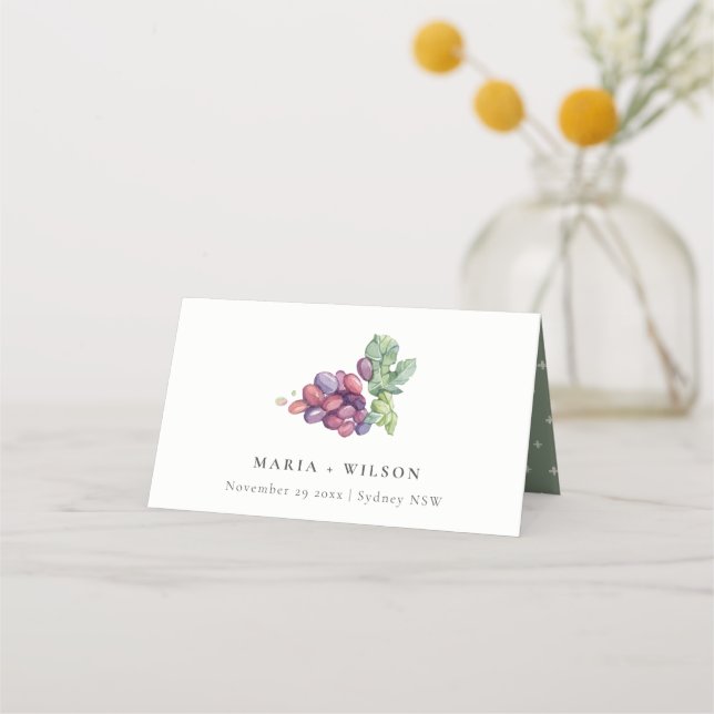 Elegant Watercolor Grape Foliage Rustic Wedding Place Card (Front)