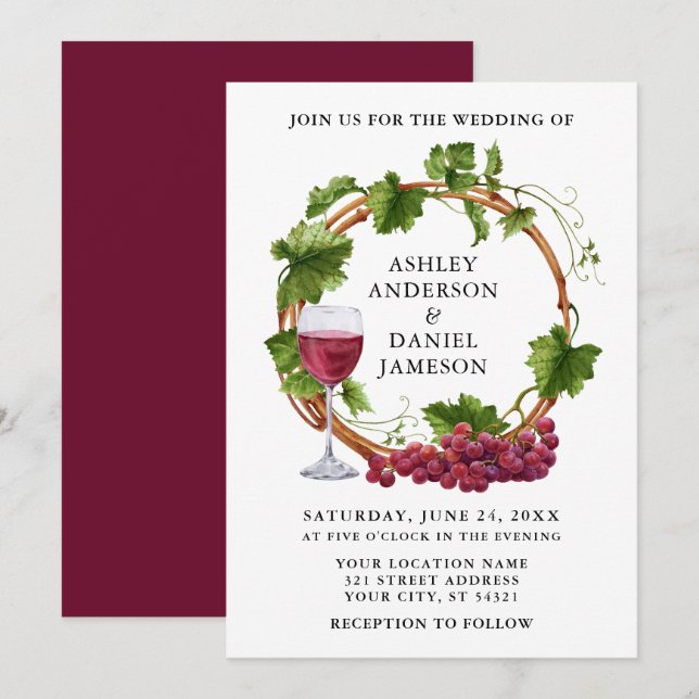 Elegant Watercolor Grape Vines Wood Wreath Wedding Invitation (Front/Back)