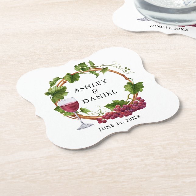 Elegant Watercolor Grape Vines Wood Wreath Wedding Paper Coaster (Angled)
