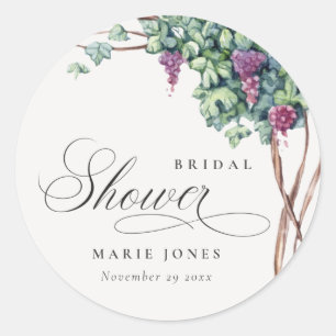 Elegant Watercolor Grapevine Fauna Bridal Shower  Classic Round Sticker