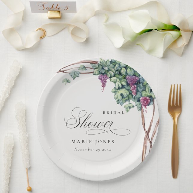 Elegant Watercolor Grapevine Foliage Bridal Shower Paper Plate (Wedding)