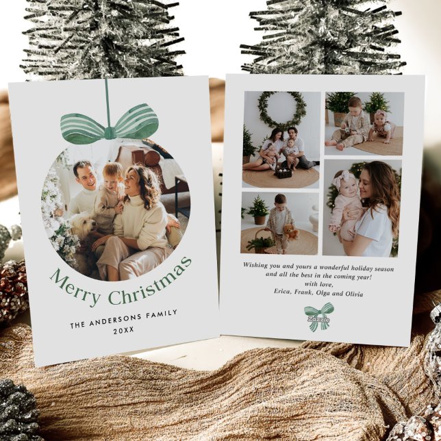 Elegant Watercolor Green Bow Christmas Five Photo Holiday Card (Creator Uploaded)