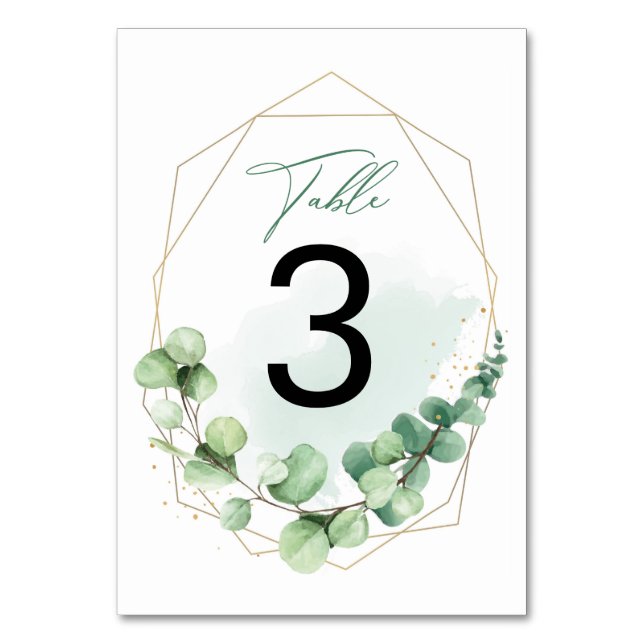 Elegant Watercolor Green Eucalyptus Wedding Table Number (Front)