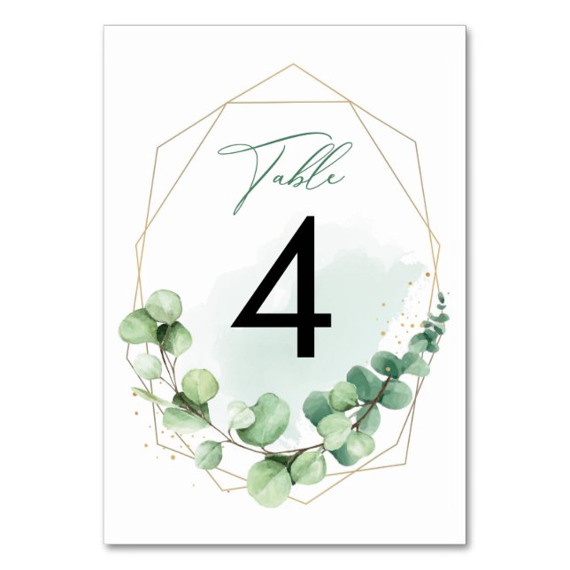 Elegant Watercolor Green Eucalyptus Wedding Table Number (Front)