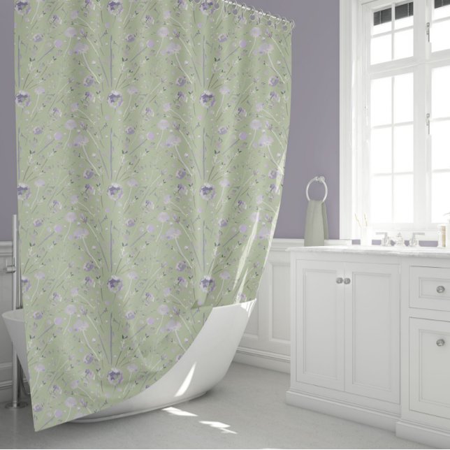 Elegant Watercolor Green Floral (Elegant Watercolor Sage Green Purple Floral Shower Curtain from Studio Posies.)