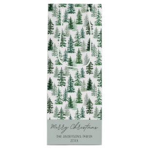 Elegant Watercolor Green Forest Merry Christmas Wine Gift Bag