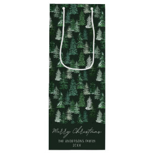 Elegant Watercolor Green Forest Merry Christmas Wine Gift Bag
