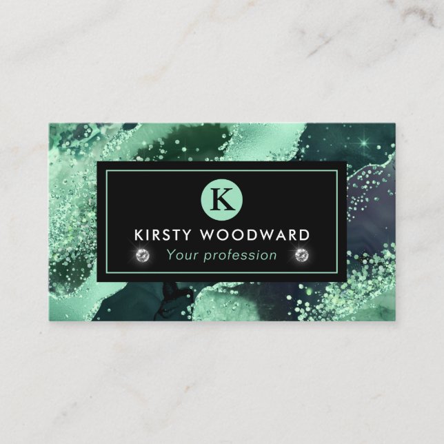 Elegant Watercolor Green Glitter Agate Business Card (Front)