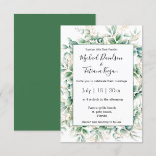 elegant watercolor green gold leaves wedding invitation