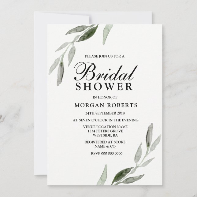 Elegant Watercolor Green Leaf Bridal Shower Invite (Front)
