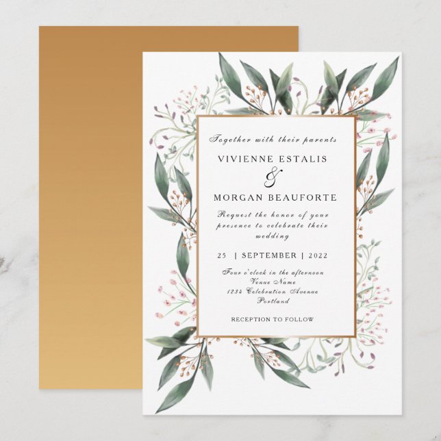Elegant watercolor green leaf gold wedding invitation (Front/Back)