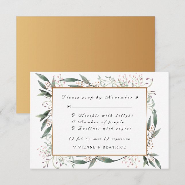 Elegant watercolor green leaf gold wedding RSVP Invitation (Front/Back)