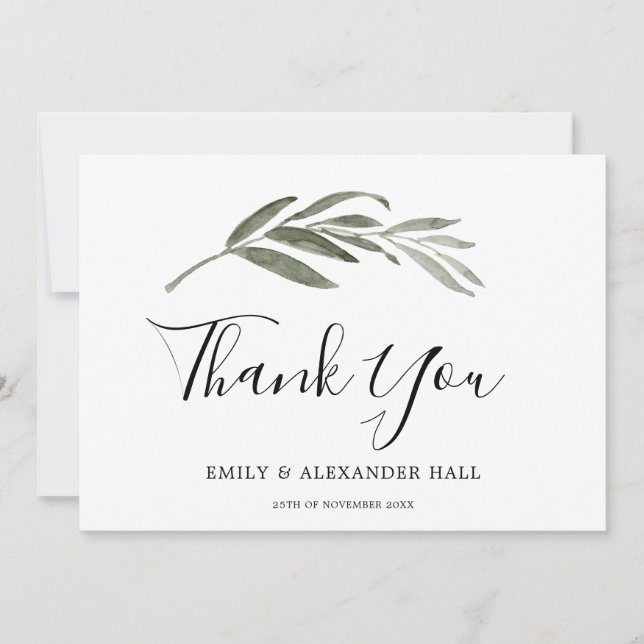 Elegant Watercolor Green Leaf Modern Wedding Thank You Card (Front)