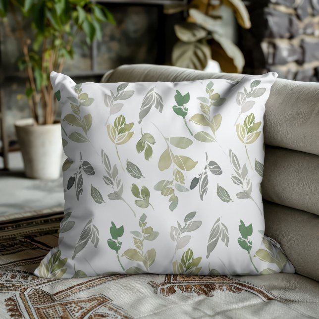 Elegant Watercolor Green Leaf Pattern  Throw Pillow (Creator Uploaded)