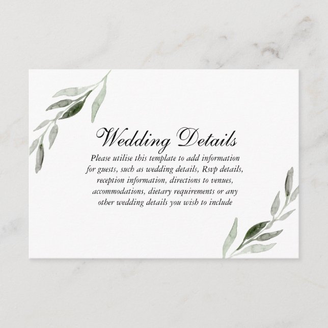 Elegant Watercolor Green Leaf Wedding Reception Enclosure Card (Front)