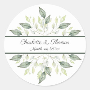 Elegant Watercolor Green Leaves Wedding Classic Round Sticker