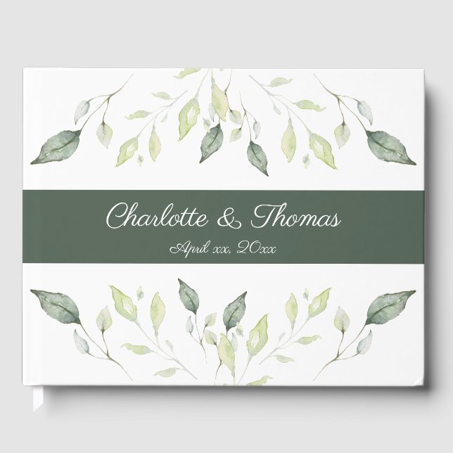 Elegant Watercolor Green Leaves Wedding Guest Book (Front)
