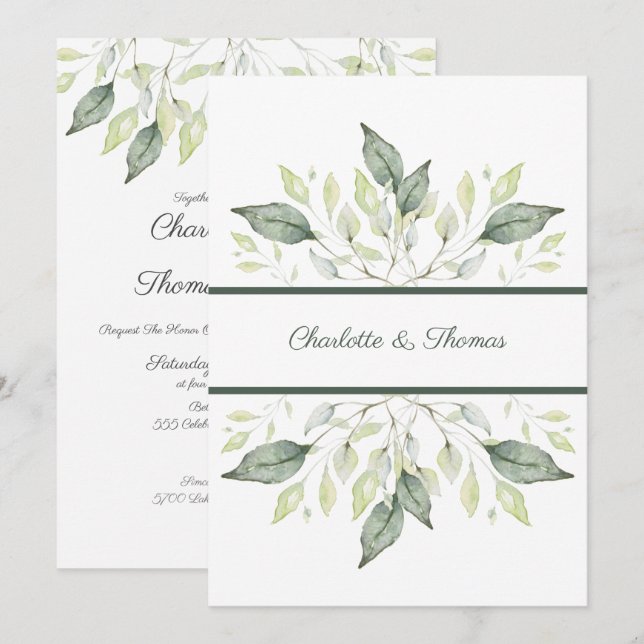 Elegant Watercolor Green Leaves Wedding Invitation (Front/Back)