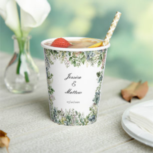 Elegant Watercolor Green Leaves Wedding Party  Paper Cups