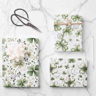 Elegant Watercolor Green Shamrocks Patterns Wrapping Paper Sheet