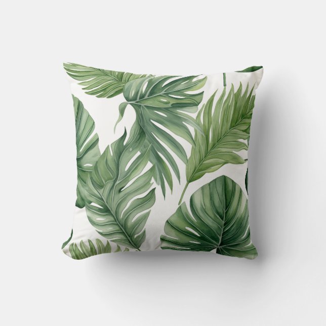 Elegant Watercolor Green Tropical Leaves Pattern Throw Pillow (Front)