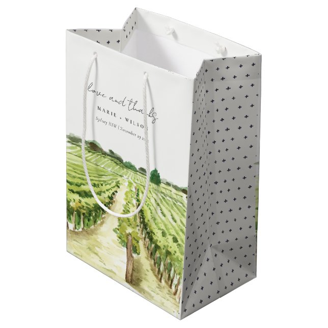 Elegant Watercolor Green Winery Vineyard Wedding Medium Gift Bag (Back Angled)