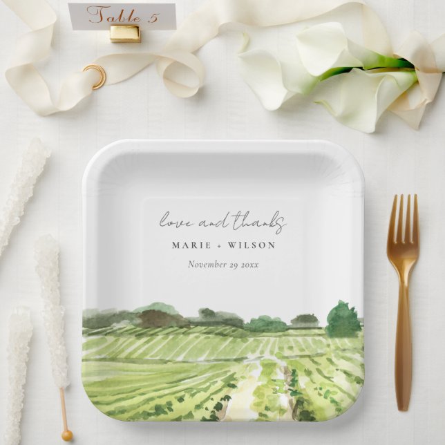 Elegant Watercolor Green Winery Vineyard Wedding Paper Plate (Wedding)