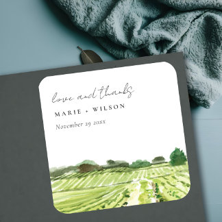 Elegant Watercolor Green Winery Vineyard Wedding Square Sticker