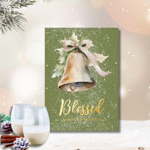Elegant Watercolor Greenery Bell & Ribbon Design Foil Holiday Card