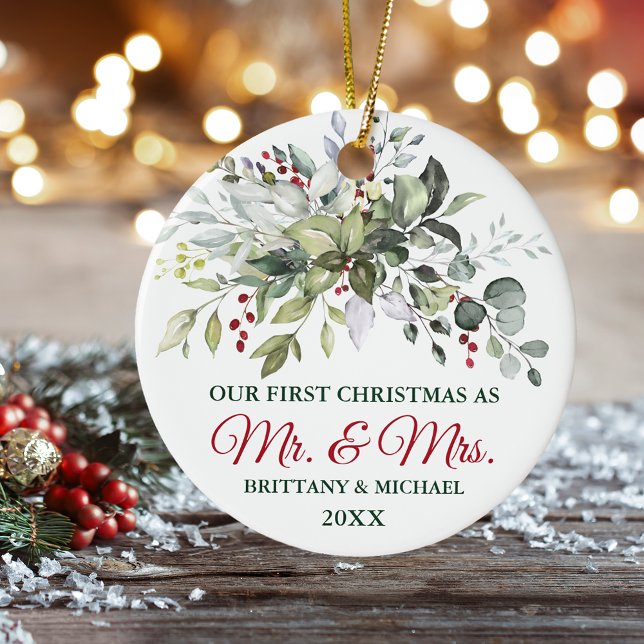 Elegant Watercolor Greenery Berries Christmas Ceramic Ornament (Personalized Mr. & Mrs. Christmas Ornament)