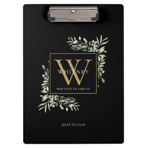 Elegant Watercolor Greenery Black Gold Monogram   Clipboard